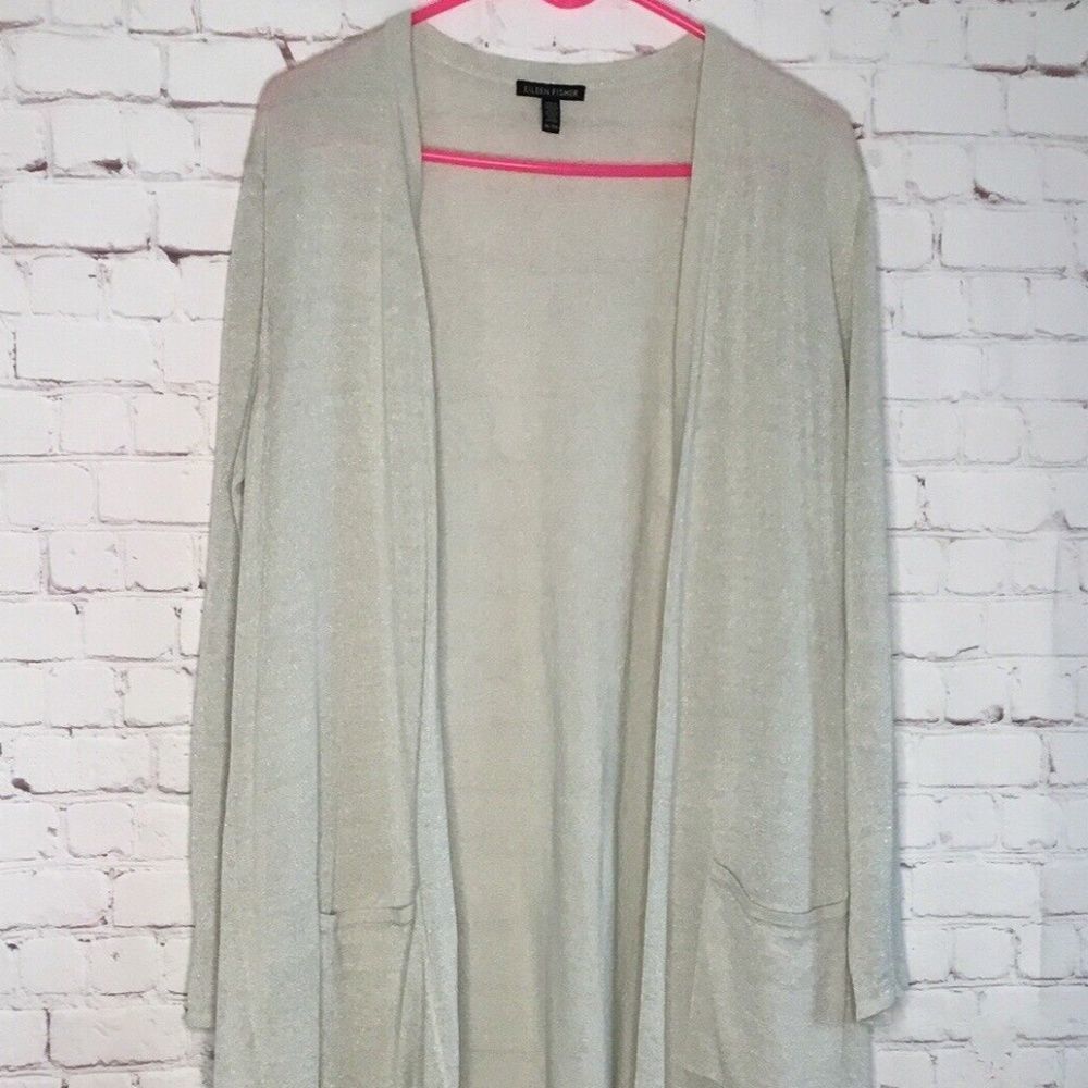Eileen Fisher Women's Silver/Gray Linen Blend Open Front Long Duster Cardigan XL